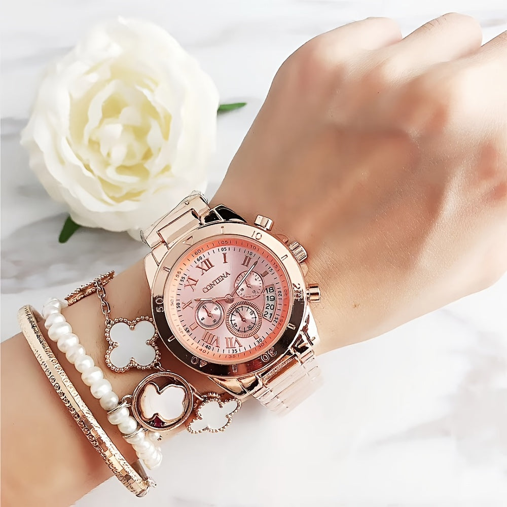 Quartz Watch For Women Stainless Steel Wrist Watch Alloy Pointer With Bracelet Set For Gifts Women daily uses Gifts For Eid